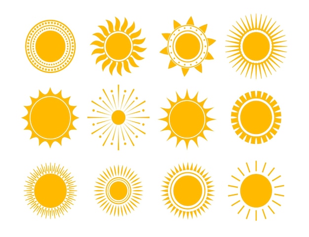 Sun icon set Yellow sun star icons collection Summer sunlight nature
