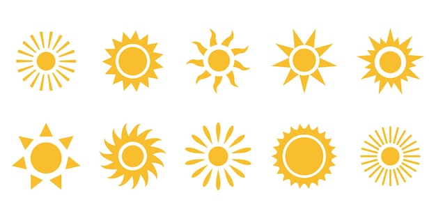 Набор векторных значков солнца. знак жаркой погоды. лето, солнечный свет, природа, небо.