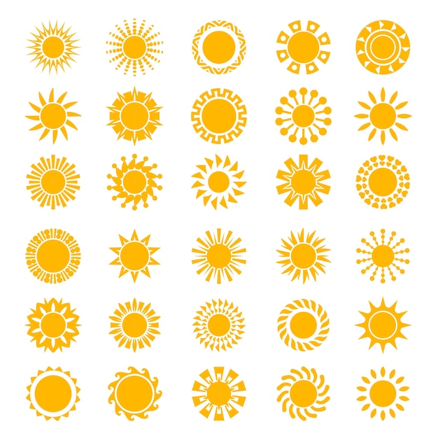 Sun icons. Sunrise creativity sunny circle shapes logo sunset stylized symbols collection