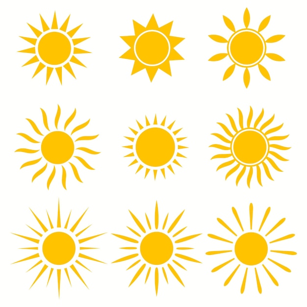 Sun icons sunshine hot summer and sunrise symbols gold sunlight circles solar and sunny weather signs vector set