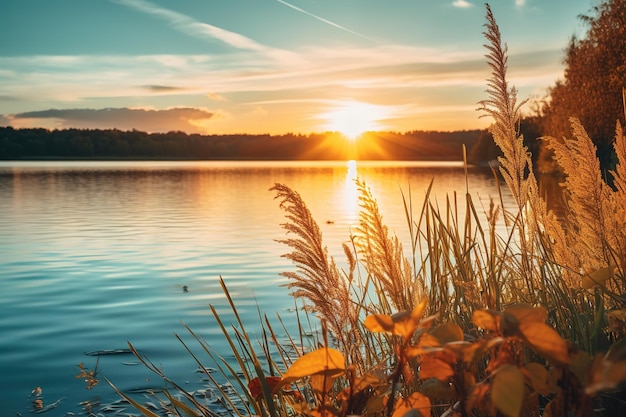 Vettore il sole sta tramontando su un lago con le foglie sull'acqua un luminoso tramonto arancione sta brillando sul