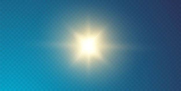 The sun is shining bright light rays with realistic glare. light star on a transparent black background.