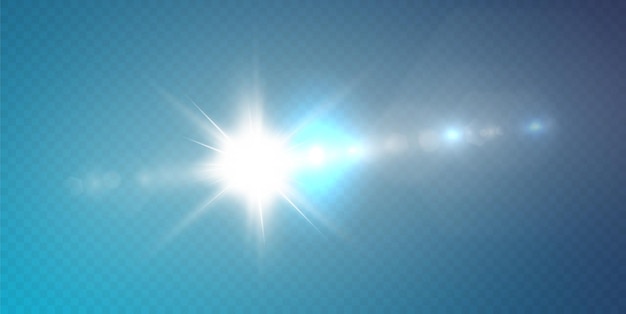 The sun is shining bright light rays with realistic glare. Light star on a transparent black background.