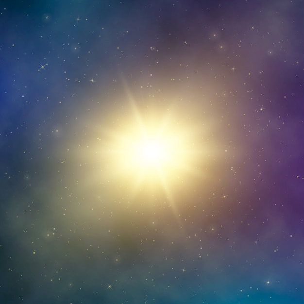 Luce del sole. stella luminosa astratta nello spazio. sfondo scuro fantasia astrale. illustrazione