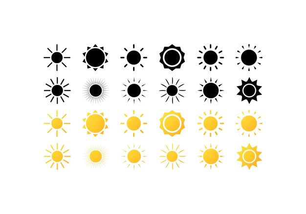 太陽のロゴ 異なるスタイル 色 太陽の位置 晴れた日 ベクトルアイコン