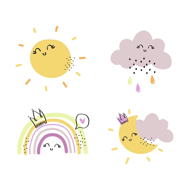Солнце, луна, облако и элементы радуги