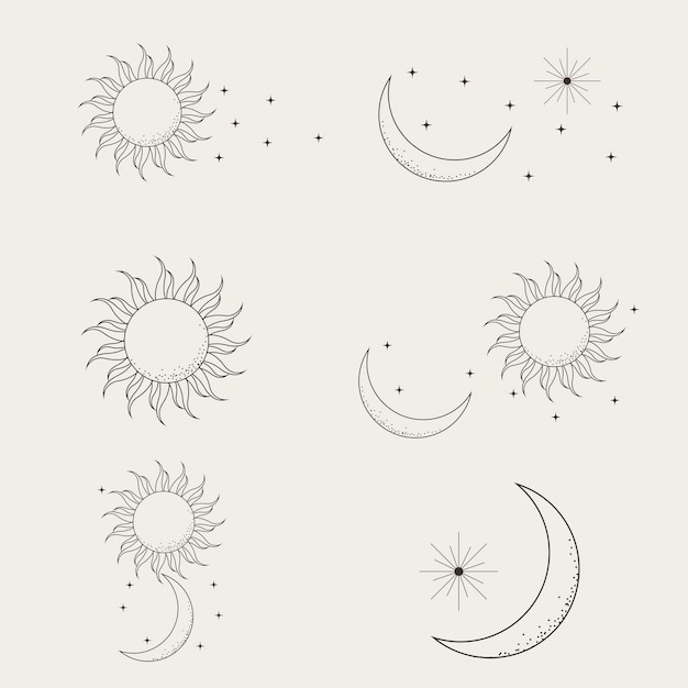 Vettore sole e luna line art clipart contorno sole logo luna tatuaggio