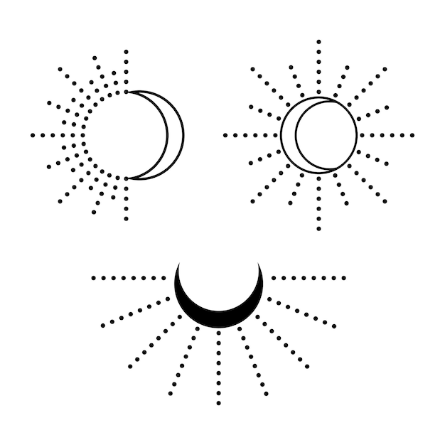 Sun and moon set Simple graphic style Black objects isolated on white background