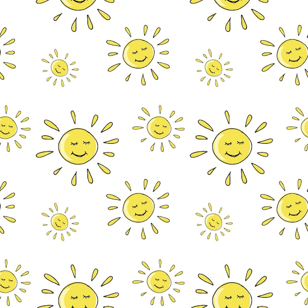 Modello di sole, sfondo di doodle del sole, modello di vettore senza soluzione di continuità doodle disegnato a mano giallo sole su sfondo bianco, modello di sole luminoso per il tuo design.