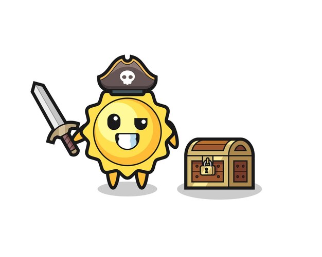 The sun pirate character holding sword beside a treasure box , cute style design for t shirt, sticker, logo element