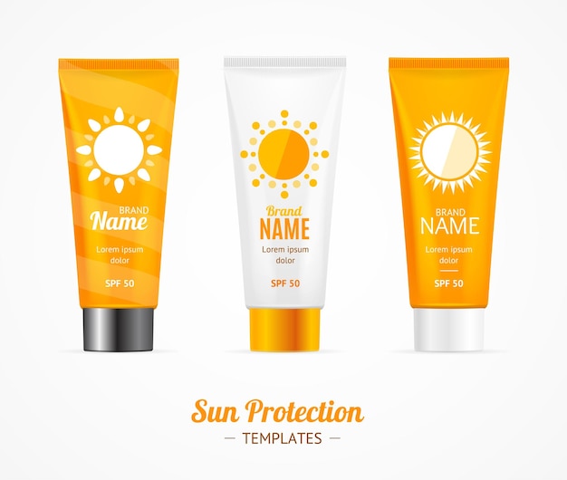 Sun protection cosmetic cream template set vector