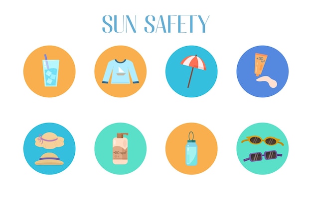 Sun protection set Handdrawn illustration of sun safety tips creme and lotion water bottle sunglasses and hats Vector isolated elements on white background