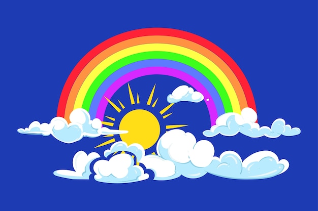 Vector sun, rainbow and clouds deep blue sky