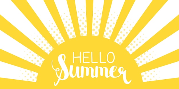 Sun rays background with Hello Summer letters vector illustration.