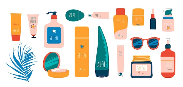 Sun safety collection. Heands with cream, tubes and bottles of sunscreen products with SPF lotion,