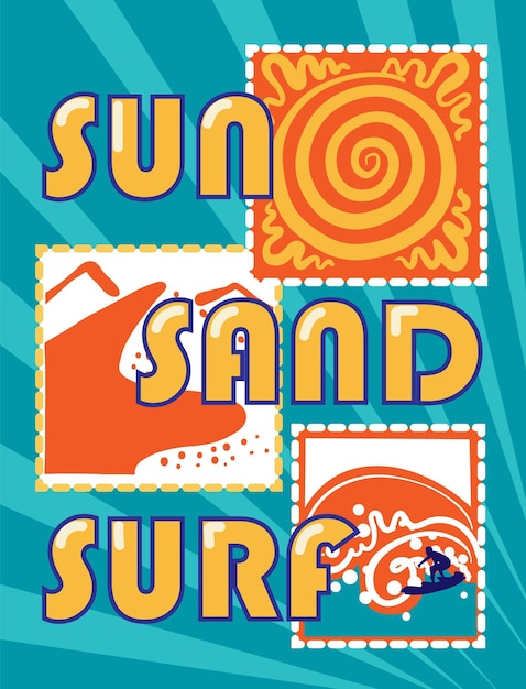 Sun sand serf icon set illustration Vintage look ideal for print shirt