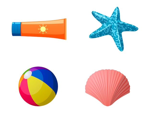 Вектор Солнцезащитный экран starfish beach ball и морская раковина изолированный набор иллюстраций