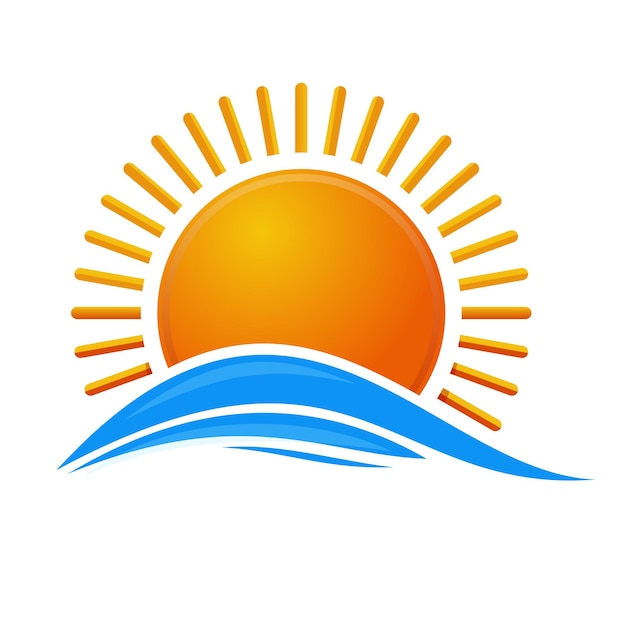 Sun over the sea. Sunrise logo icon. Cartoon sun over sea waves.  illustration isolated on white background