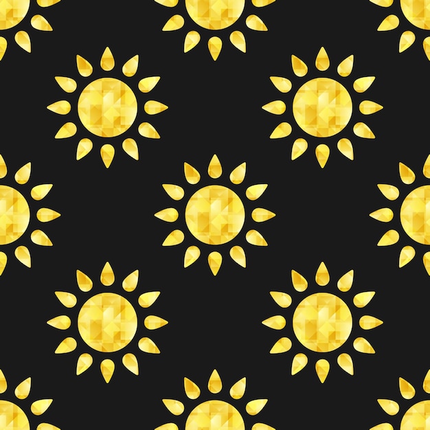 Sun seamless pattern Vector faceted elements on black background