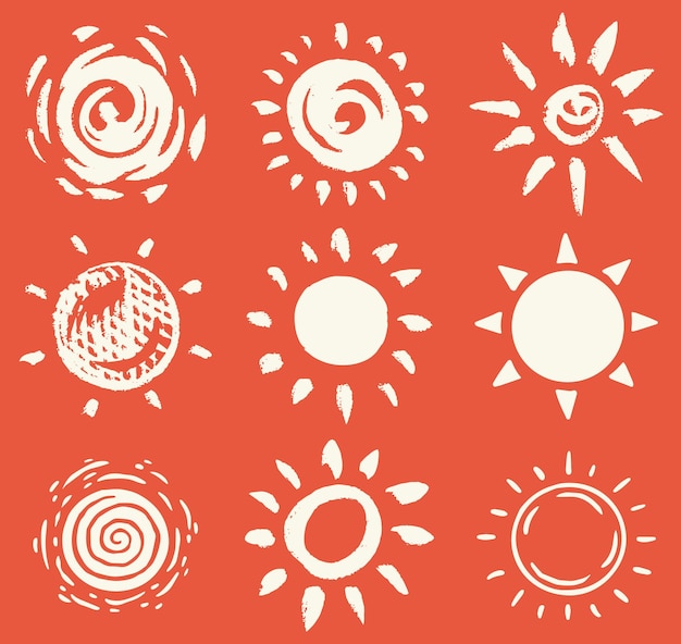 太陽は赤い背景にブラシ ストロークの光線コレクション手描きの黒いアイコン刻まれたモノクロ ヴィンテージ スケッチ インク要素ベクトル図