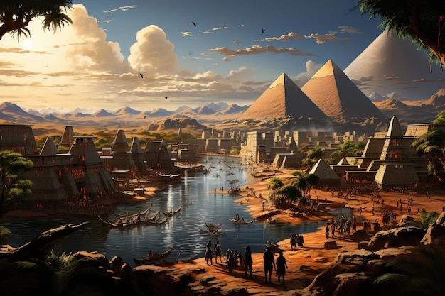 Vector sun shining behind the stone pyramids of egypt fantasy concept art sunny desert ancient egypt 3d