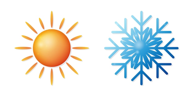 Vettore icone meteo realistiche 3d di sole e fiocco di neve. icone vettoriali isolate. design realistico delle icone 3d.