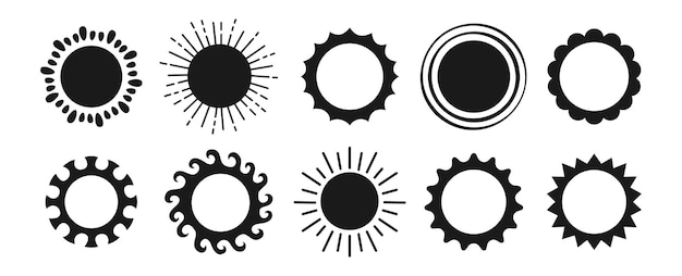 Sun stamp black stencil set summer symbol silhouette suns shine collection solar vector