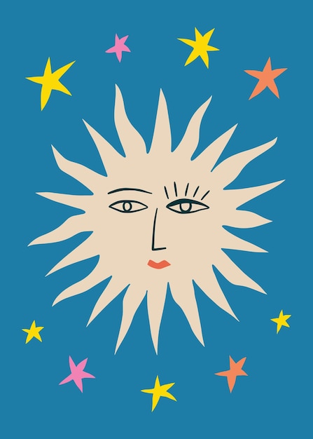 Vector sun and stars boho naive funky handdrawn style art vector illustration