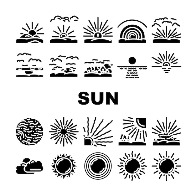 ベクトル 太陽、夏の日光、光のアイコンを設定するベクトル、日光要素、日の出、天気、晴れた熱、熱い明るい輝き、暖かい自然、太陽、夏の日光、光のグリフ ピクトグラム イラスト