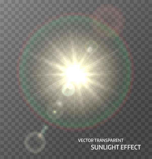 Sun, sunlight with rays and lens flare lights. Glow light effect.  illustration