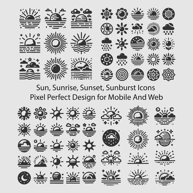Vector sun sunrise sunset sunburst icons pixel perfect design for mobile and web