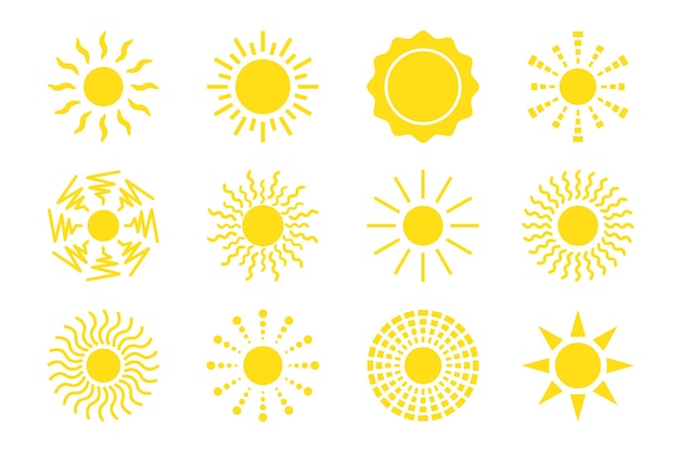 Collezione di simboli del sole set di icone vettoriali piatte segnali di luce solare previsioni meteo oggetto isolato su sfondo bianco