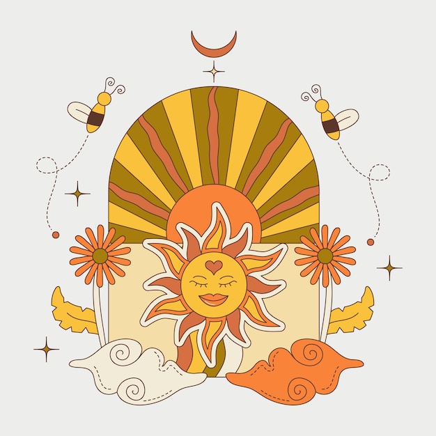 太陽のシンボル手描きのレトロなイラスト