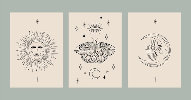 Vector sun and two moon with faces celestial design