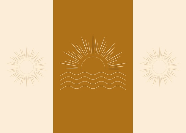 Sun and waves vector set.  Elegant sunset sunrise and sea logo design line icon vector in luxury