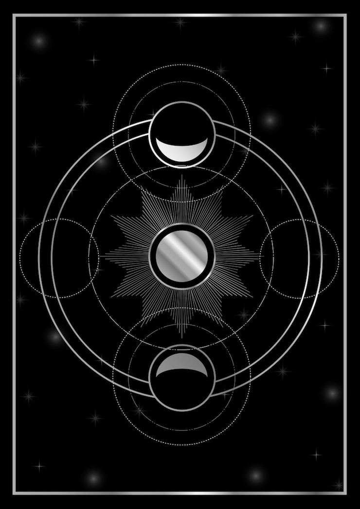 Vector sun and waxing and waning silver moons in space