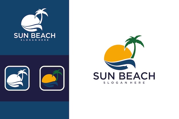 Sun with beach logo design template