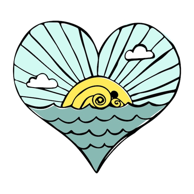 The sun with clouds and waves in a handdrawn heart