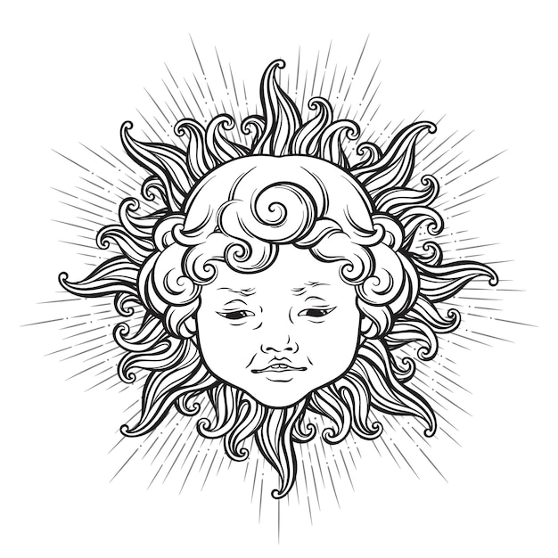 Sole con la faccia di un simpatico bambino sorridente riccio isolato adesivo disegnato a mano con pagine di libri da colorare stampa o boho flash tattoo design illustrazione vettoriale