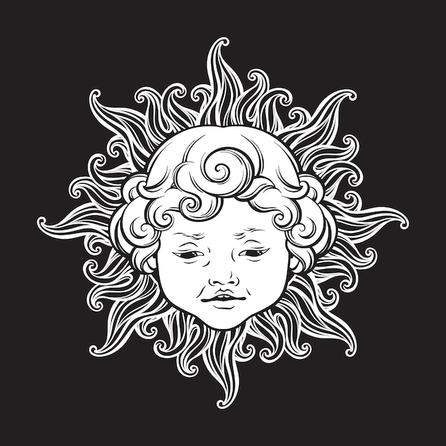 Vector sun with face of cute curly smiling baby boy isolated hand drawn sticker coloring book pages print or boho flash tattoo design vector illustration