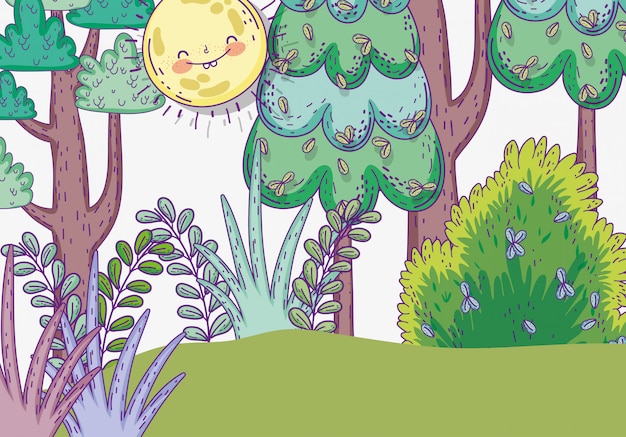 Sun with nature trees and plants leaves