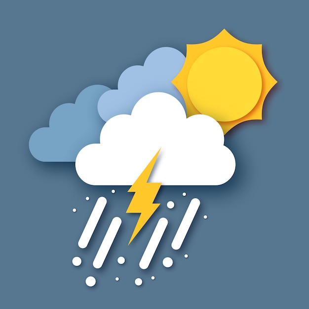 Raincloud 및 Lightening Bolt가있는 Sun. 종이 잘라 날씨. 폭풍 시간. 어두운 하늘과 천둥에 비가 내립니다.