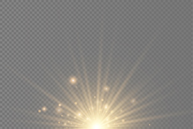 Sun yellow explosion flare special effect with rays of light and magic sparkles bright shining star