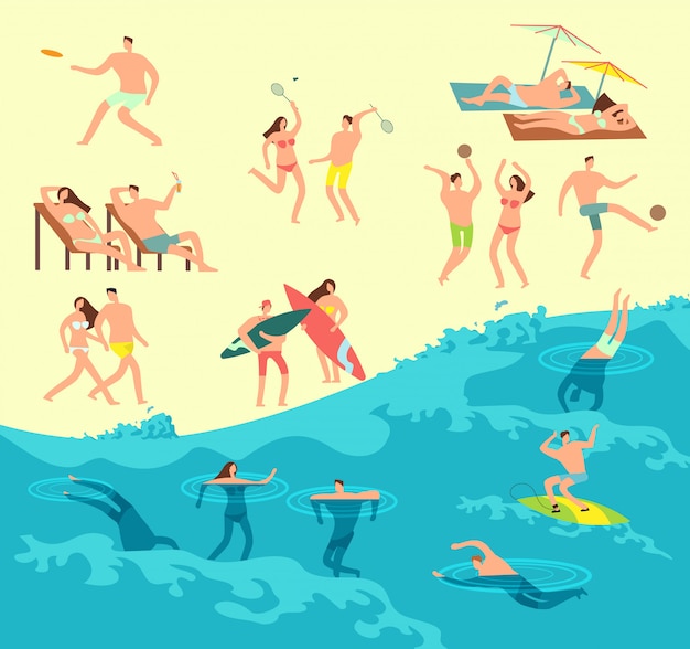 Vector sunbathing, playing and swimming people in summer beach