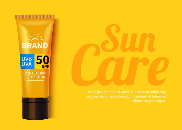 Sunblock advertentiesjabloon, cosmetische producten voor bescherming tegen de zon met vochtinbrengende crème of vloeistof.