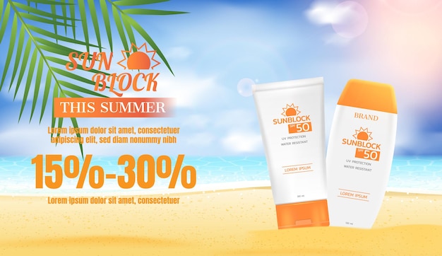 sunblock lotion with coconut leaves and beach sand