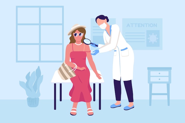 Vector sunburnt skin check at doctor flat color vector illustration. dermatologist diagnostics appointment. patient and practitioner 2d cartoon characters with physician hospital office on background