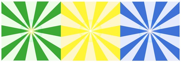 Sunburst background set of three colors green yellow and blue.