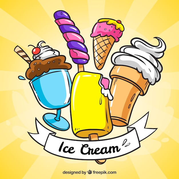 Sunburst background with tasty ice creams in hand-drawn style