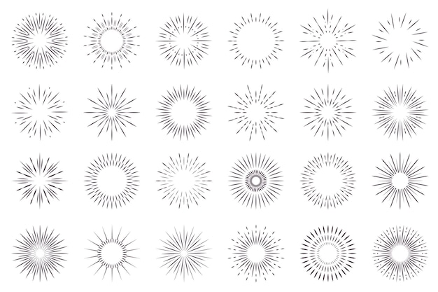 Sunburst geïsoleerde grafische elementen in plat ontwerp Bundel van abstracte ronde contouren van zon of lijn vuurwerk explosies vormen geometrische lichtflitssymbolen voor decoratie Vector illustratie